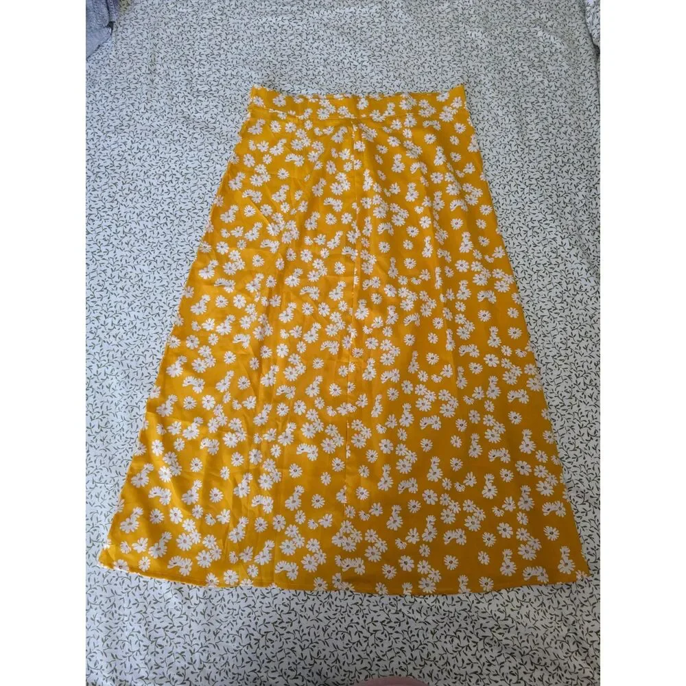 Mustard Yellow Daisy Print Midi Skirt